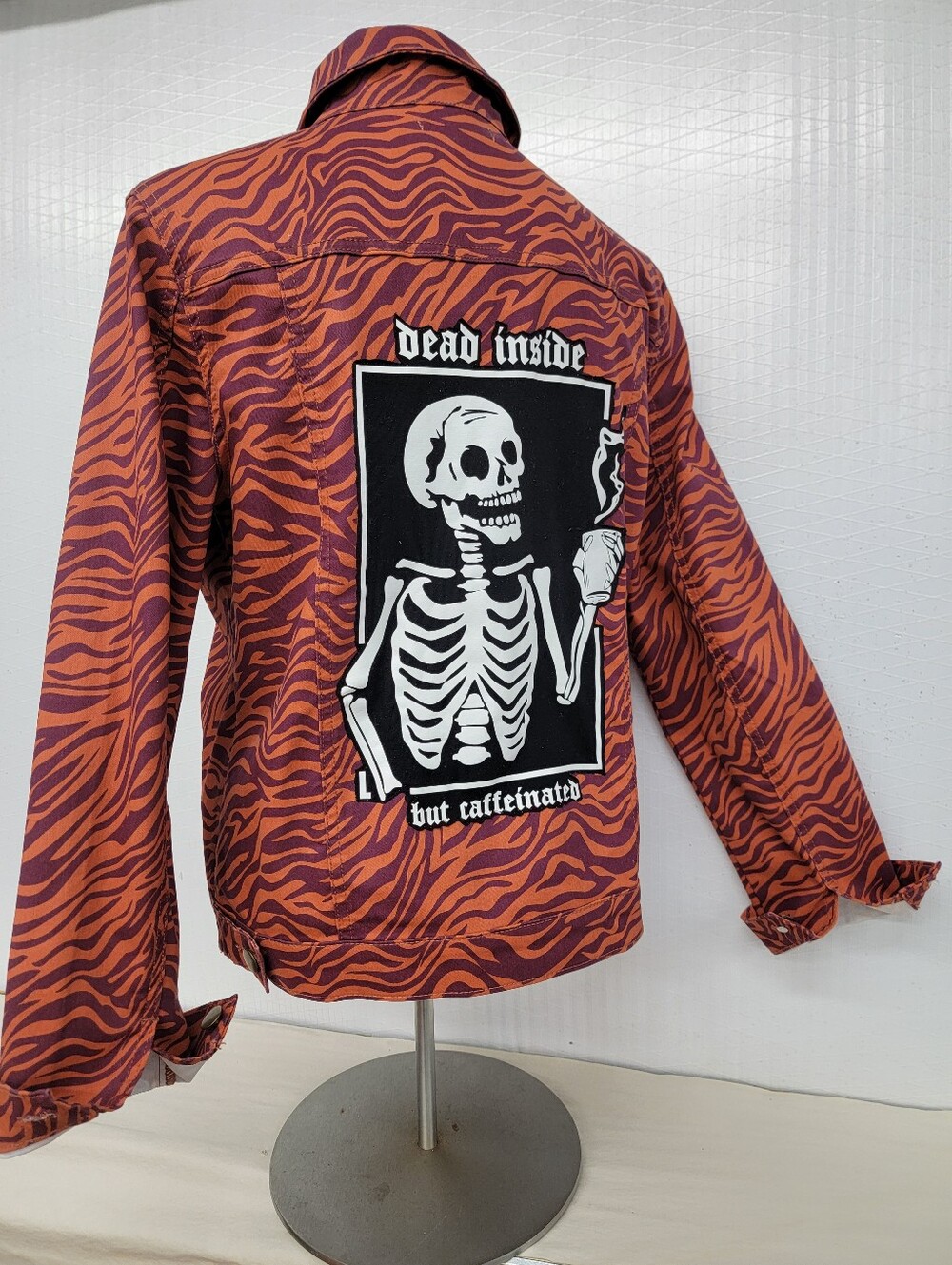 Zebra Print Jacket - Skeleton Graphic "Dead Inside But Caffenated" Upcycled